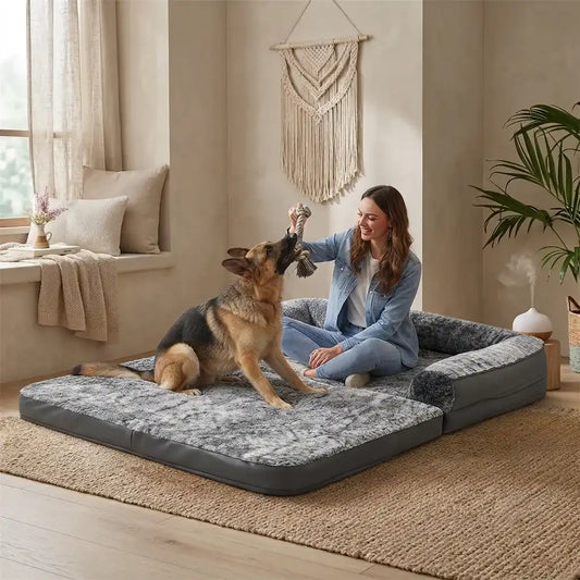 Sofa couch pet dog bed used for playtime and bonding between owner and large dog.