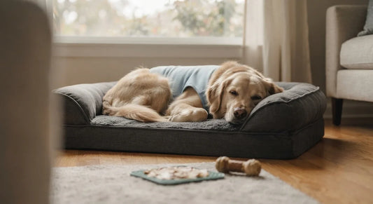 A golden retriever wearing a calming anxiety vest sleeps peacefully on a grey orthopedic bolster dog bed, representing trazodone for dogs management.