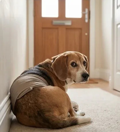 An anxious-looking beagle dog wearing a supportive fabric calming vest, sitting on a rug and looking back nervously toward a front doorway.