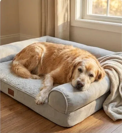 A peaceful golden retriever resting its head comfortably on a grey plush orthopedic dog bed near a sunlit window.