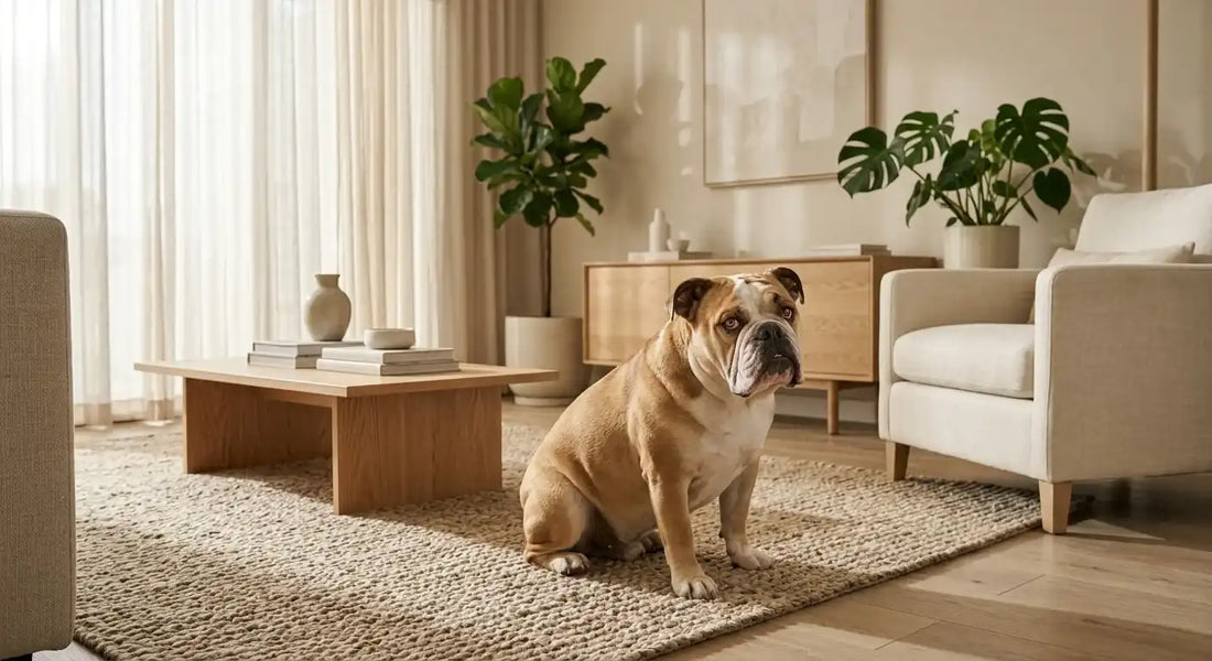 An English Bulldog sitting on a living room rug under soft natural sunlight in a warm, neutral-toned home sanctuary.