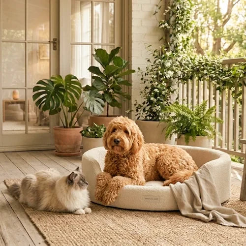Goldendoodle relaxing in a cozy cream dog bed on a covered porch while a ragdoll cat rests beside it.