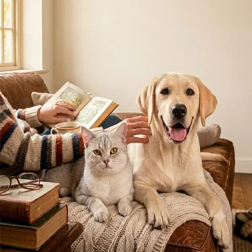 Labrador and silver tabby cat sitting together on a leather couch while their owner reads nearby.