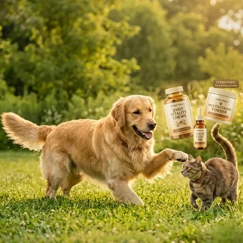 Golden retriever and tabby cat playing in grass beside Terra Paws joint, calming, and multivitamin supplements.