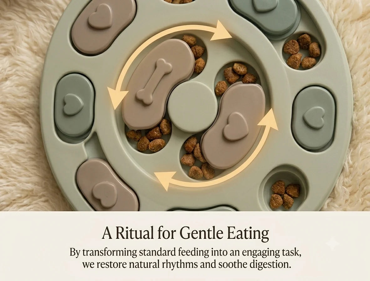 A detailed close-up shot focused on 'A Ritual for Gentle Eating'. The central mechanics of the sage green Mindful Feeding Puzzle bowl are isolated, showcasing the internal curved rotating panels filled with kibble. Subtle golden light-trail arrows indicate smooth 360-degree rotation. The background is softly blurred. Elegant serif text below explains how the puzzle restores natural feeding rhythms to soothe digestion.
