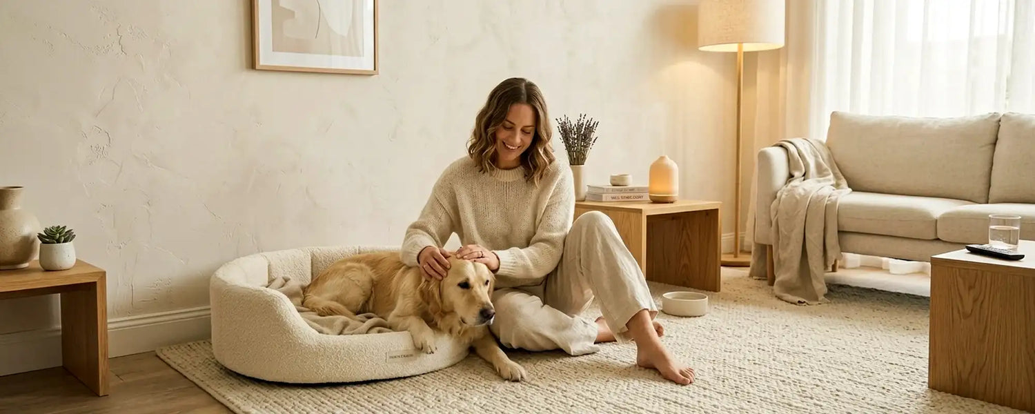 A woman sits on a beige rug, gently petting a golden retriever resting in a plush cream calming pet bed from Calming Pet Shop in a minimalist, sunlit living room.