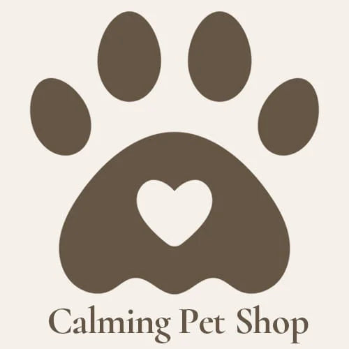 Calming Pet Shop official logo featuring a warm brown pet paw print with a cutout heart icon in the center, set against a soft cream background.