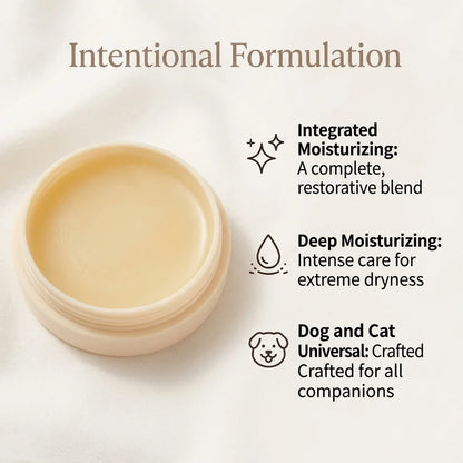A clean product infographic detailing the intentional formulation of Calming Pet Shop paw balm, highlighting integrated moisturizing, deep care for extreme dryness, and a universal formula for dogs and cats.