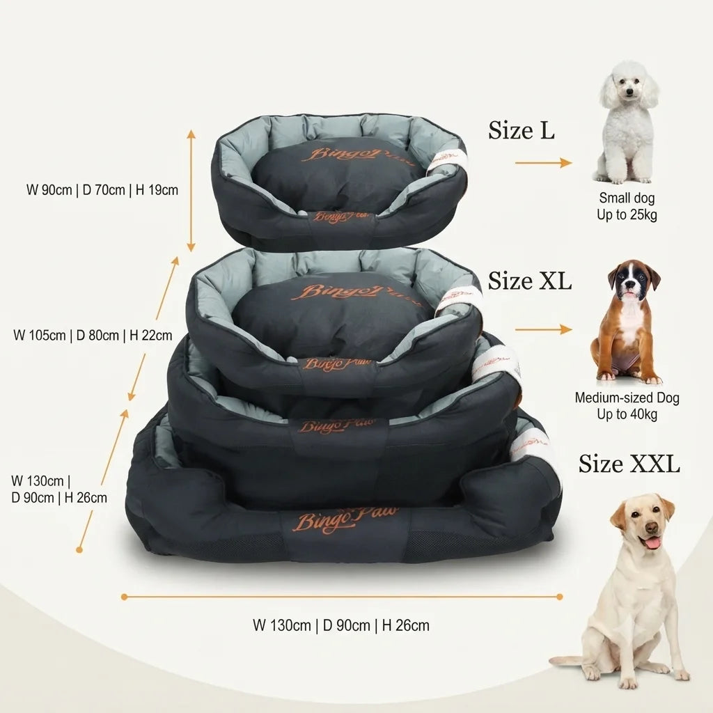 An informational size chart graphic for the Calmingpetshop Orthopedic Sofa Dog Bed for Large Dogs, including options for a waterproof orthopedic dog bed xxl. The visual displays three nested BingoPaw dog beds stacked vertically with orange dimension lines indicating width, depth, and height for Size L, Size XL, and Size XXL (W 130cm | D 90cm | H 26cm). Arrows point from each tier to a representative dog breed: a small white Poodle for Size L, a medium Boxer for Size XL, and a large yellow Labrador Retriever
