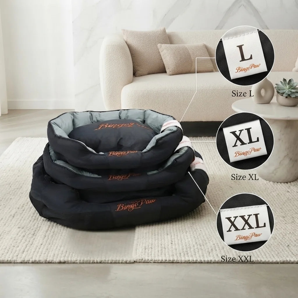 A high-end lifestyle product shot showcasing a nested set of three BingoPaw black and grey dog beds available at Calmingpetshop to serve as an Orthopedic Sofa Dog Bed for Large Dogs. Three circular insets with lines pointing to the corresponding beds display the product tags labeled "Size L," "Size XL," and "Size XXL" (ideal when searching for a waterproof orthopedic dog bed xxl). The set is arranged on a cream bouclé rug in a minimalist living room featuring a cream-colored sofa, throw pillows, and a marbl