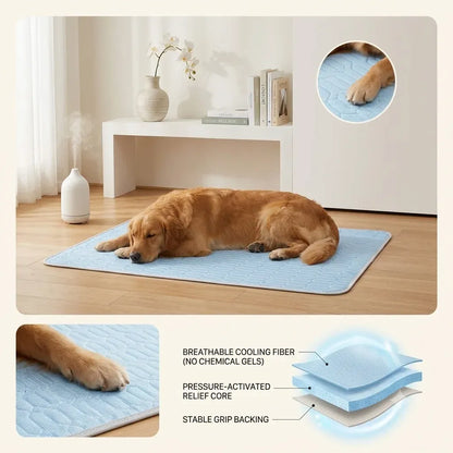Golden retriever sleeping on a cooling mat with close-up details showing breathable cooling fiber, pressure-activated relief core, and stable grip backing