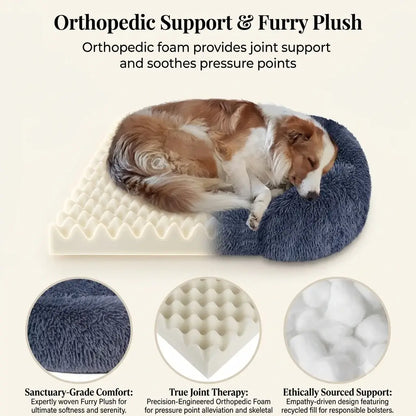 Golden retriever relaxing in a plush calming dog bed with close-up detail of the soft shag fabric and non-slip base