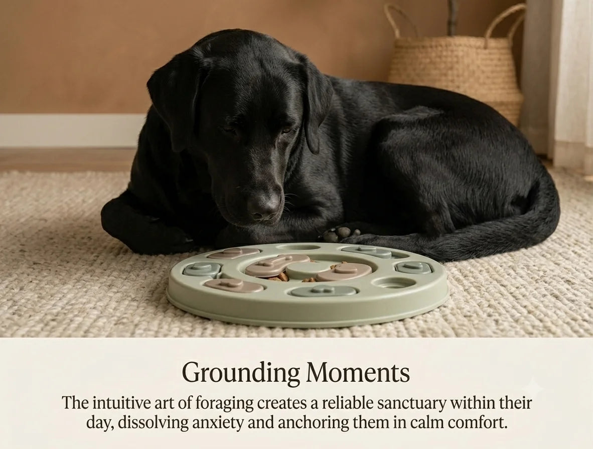 A low-key, intimate portrait titled 'Grounding Moments' for The Calm Corner. A sleek, black Labrador Retriever is curled peacefully on a textured woven wool rug. The perspective is eye-level as the dog gazes down with deep tranquility at its sage green Mindful Feeding Puzzle, where a heart slider has been moved to reveal kibble. Diffused, warm natural light creates a grounded, serene atmosphere. Elegant serif text below details how foraging dissolves anxiety.