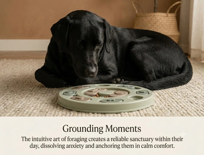A low-key, intimate portrait titled 'Grounding Moments' for The Calm Corner. A sleek, black Labrador Retriever is curled peacefully on a textured woven wool rug. The perspective is eye-level as the dog gazes down with deep tranquility at its sage green Mindful Feeding Puzzle, where a heart slider has been moved to reveal kibble. Diffused, warm natural light creates a grounded, serene atmosphere. Elegant serif text below details how foraging dissolves anxiety.