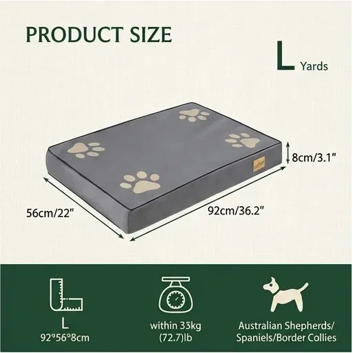 Size breakdown graphic for a large orthopedic memory foam dog bed, built for medium-to-large breeds like Australian Shepherds and Spaniels.