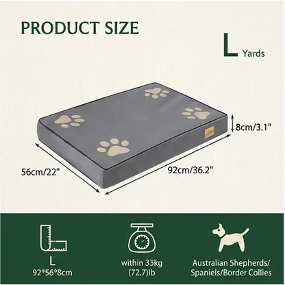 Size breakdown graphic for a large orthopedic memory foam dog bed, built for medium-to-large breeds like Australian Shepherds and Spaniels.