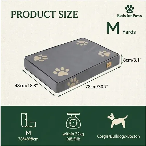 Detailed measurement view for a medium-sized orthopedic memory foam dog bed, tailored for breeds like Corgis, Bulldogs, and Boston Terriers.