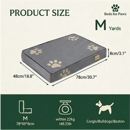 Detailed measurement view for a medium-sized orthopedic memory foam dog bed, tailored for breeds like Corgis, Bulldogs, and Boston Terriers.