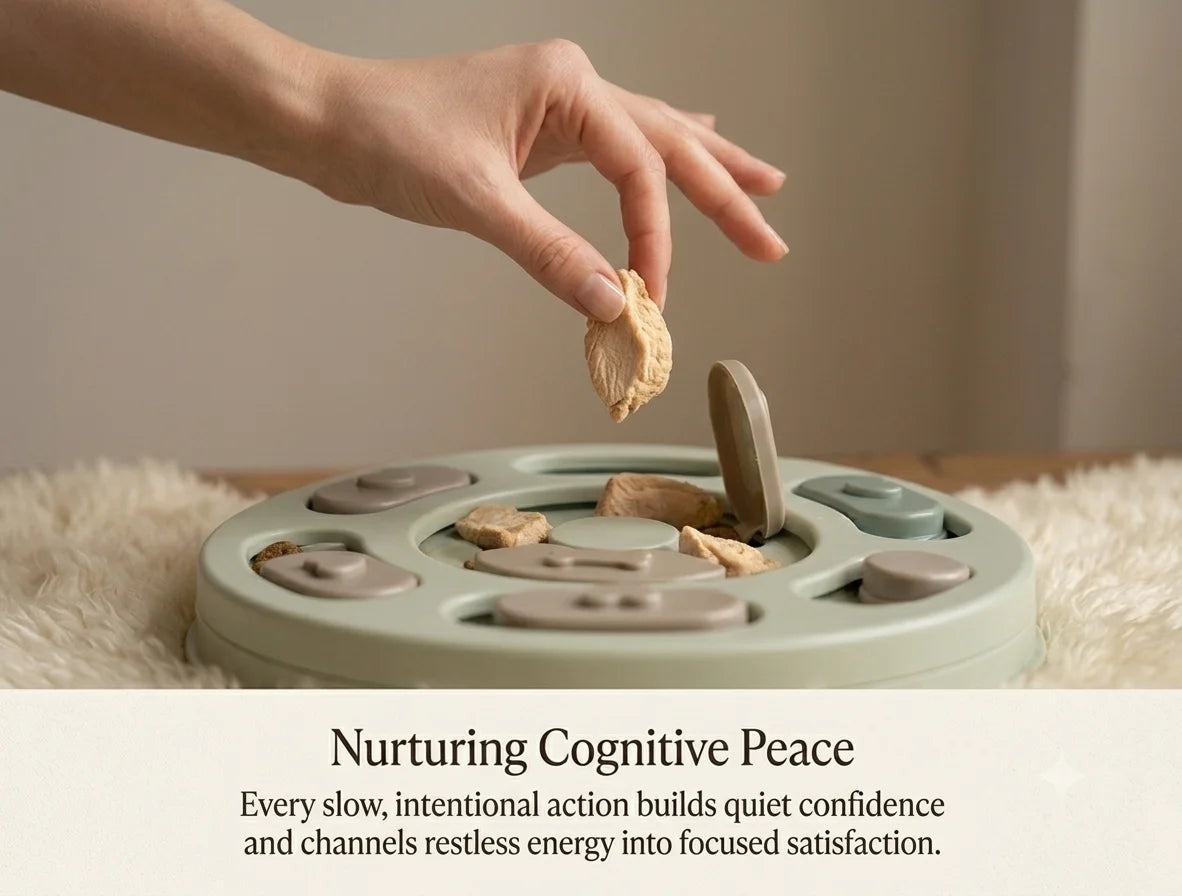 A close-up photograph illustrating 'Nurturing Cognitive Peace'. A hand with soft, minimalist polished fingernails delicately holds a single whole-food freeze-dried chicken treat directly above an open compartment in The Mindful Feeding Puzzle bowl. The treat and puzzle detail are in crisp focus, while the rest of the light sage green bowl and the plush cream rug are softly blurred. Elegant serif text below details the emotional benefits of slow, intentional action.