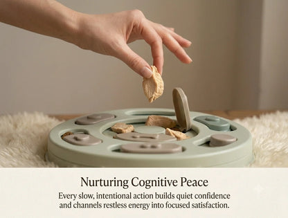 A close-up photograph illustrating 'Nurturing Cognitive Peace'. A hand with soft, minimalist polished fingernails delicately holds a single whole-food freeze-dried chicken treat directly above an open compartment in The Mindful Feeding Puzzle bowl. The treat and puzzle detail are in crisp focus, while the rest of the light sage green bowl and the plush cream rug are softly blurred. Elegant serif text below details the emotional benefits of slow, intentional action.