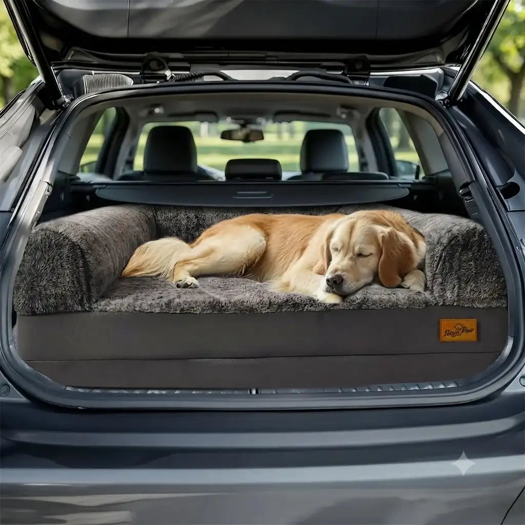 Sofa couch pet dog bed set up in car trunk for dog travel and road trips.