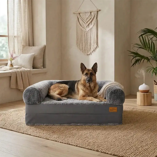 Sofa couch pet dog bed with bolstered sides supporting large breed German Shepherd