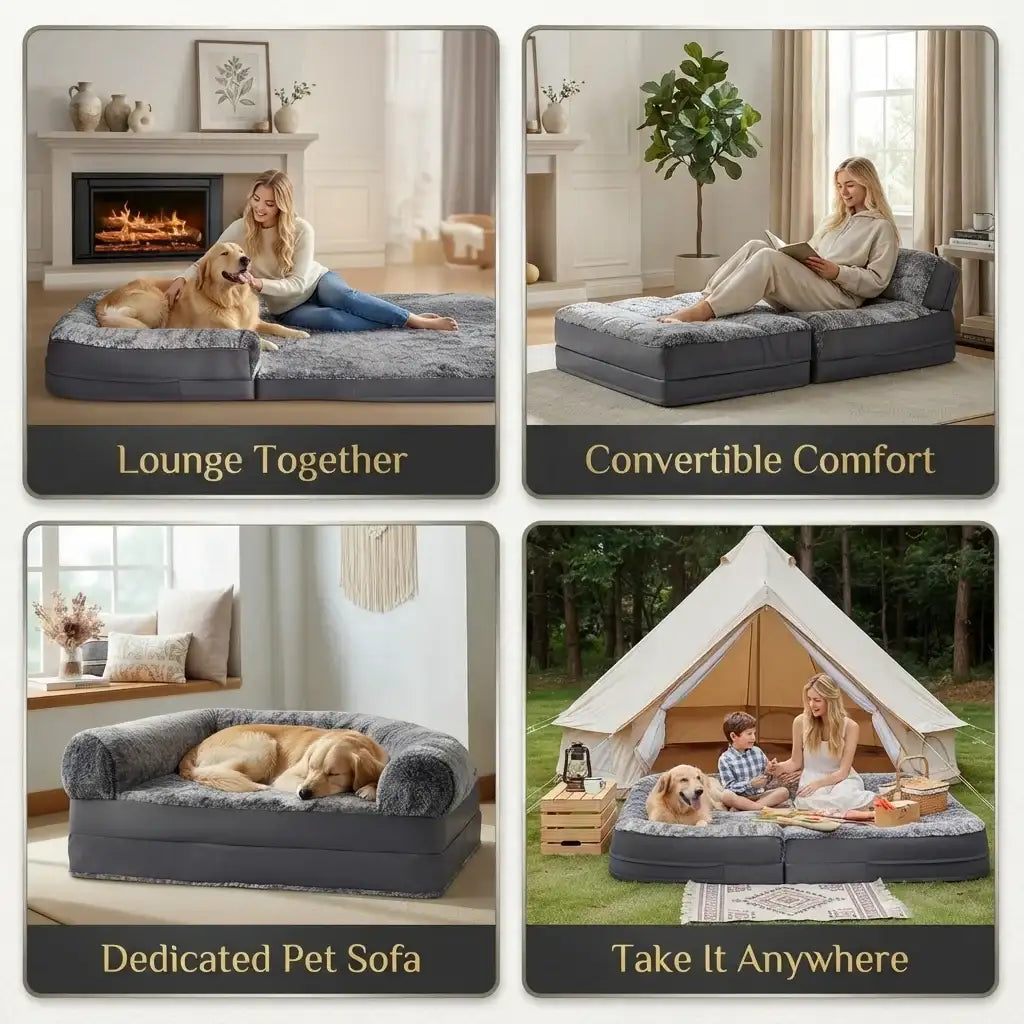 Sofa couch pet dog bed shown in lounging, convertible, indoor, and outdoor camping uses.