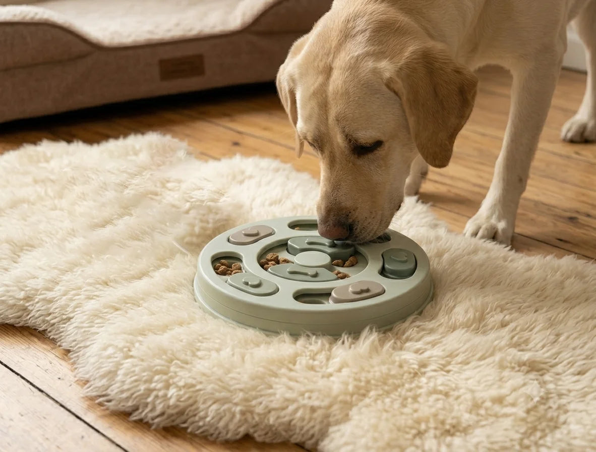 A serene lifestyle photograph from The Calm Corner shows a black Labrador Retriever lying on a plush cream wool rug in a warm, wood-floored room. The dog looks down with tranquility at a light sage green interactive puzzle feeder bowl (The Mindful Feeding Puzzle), which has heart and bone-shaped sliders and contains kibble. Soft, natural light fills the space, next to an antique brass water bowl.