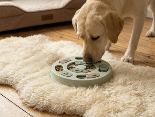A serene lifestyle photograph from The Calm Corner shows a black Labrador Retriever lying on a plush cream wool rug in a warm, wood-floored room. The dog looks down with tranquility at a light sage green interactive puzzle feeder bowl (The Mindful Feeding Puzzle), which has heart and bone-shaped sliders and contains kibble. Soft, natural light fills the space, next to an antique brass water bowl.