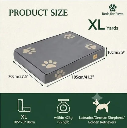 Product size chart showing specifications for an extra-large orthopedic memory foam dog bed, ideal for large breeds such as Labradores and German Shepherds.